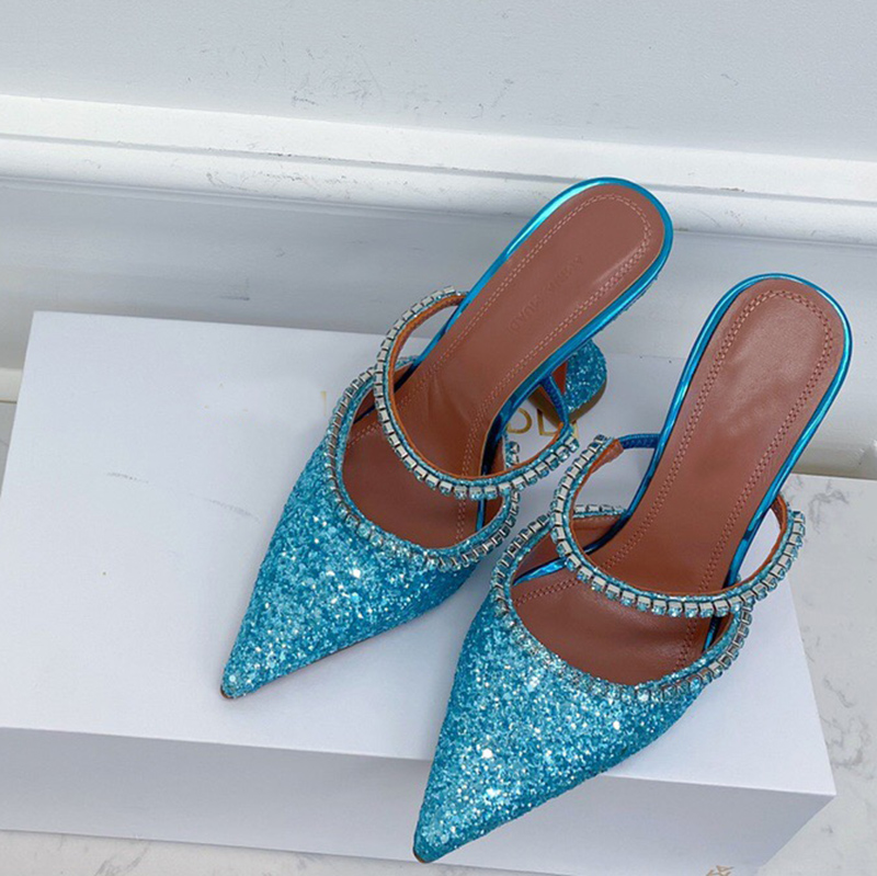 

Latest fashion high heeled slippers sandals Sequin cloth drill buckle womens shoes 9.5cm heels real leather soles sandal large size 35-43 women slipper factory shoe, 1#