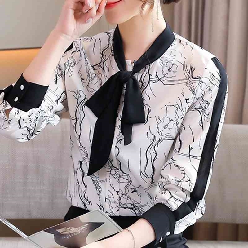 

Long Sleeve Print Chiffon Blouse Shirt Women Tops Blouse Women Blusas Mujer De Moda Bow Collar Women Blouses Blusa E334 210602, White