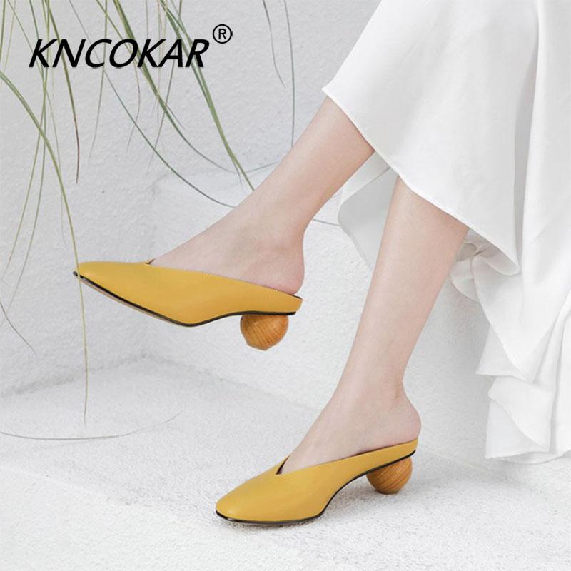 

Slippers KNCOKAR Yellow Leather Women Wear Spring 2021 Baotou Half Shaped With Shoes, Black