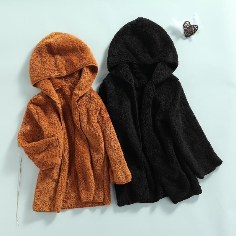 

Jackets Autumn Children Casual Solid Color Hooded Plush Jacket, Open Front Long Sleeve Outerwear For Boys/Girls, 2-7 Years, Blue;gray