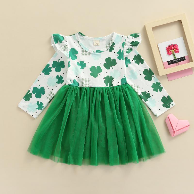 

Girl's Dresses Girls Autumn Casual Patchwork Dress Long Sleeve Round Neck Clover Print Tulle, Red;yellow