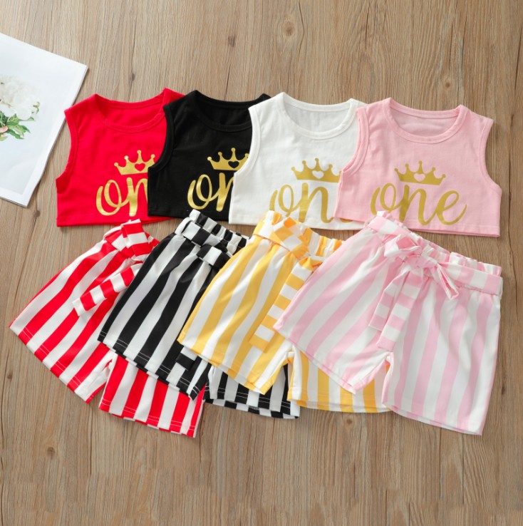 

Summer girls clothing sets fashion kids letter print sleeveless vest top +bow stripe shorts 2pcs suits children outfits S1184, Red