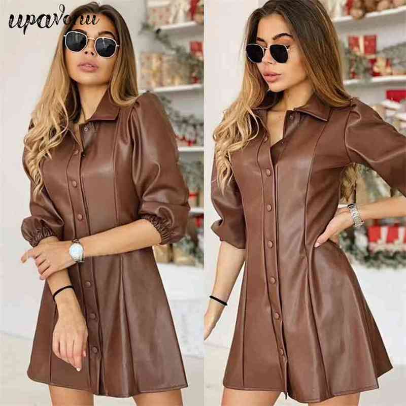 

Free Spring Women's Leather Dress Lapel Sleeve Single Breasted Slim A-line Celebrity Club Party Vestidos 210524, Brown