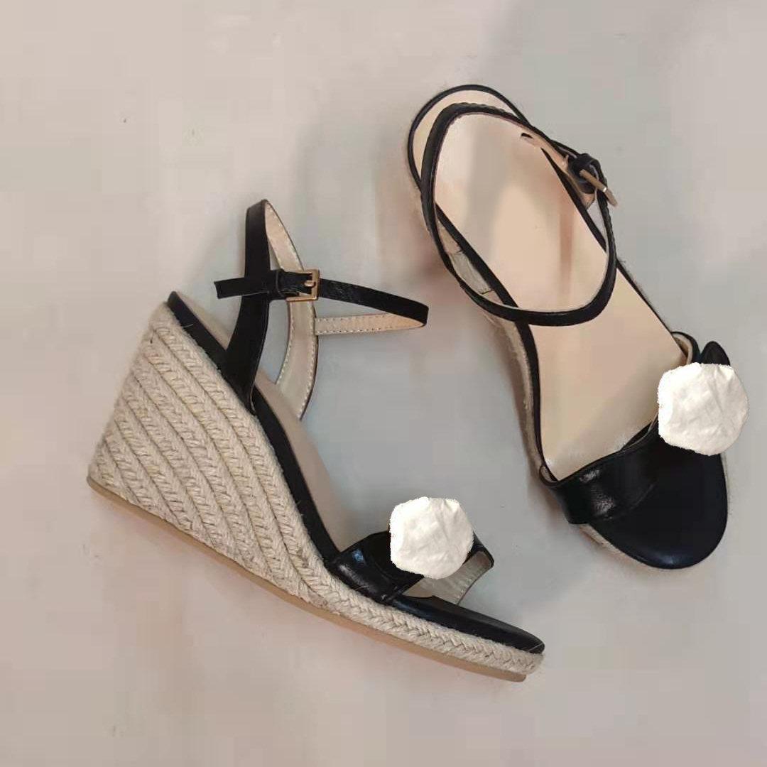 

Women Straw Thick Bottom Sandals Open Toe Gold Color Wedge Shoe Fashion Metal Buckle Sandal Beach Shoes With Box Q-140, Link product:#3