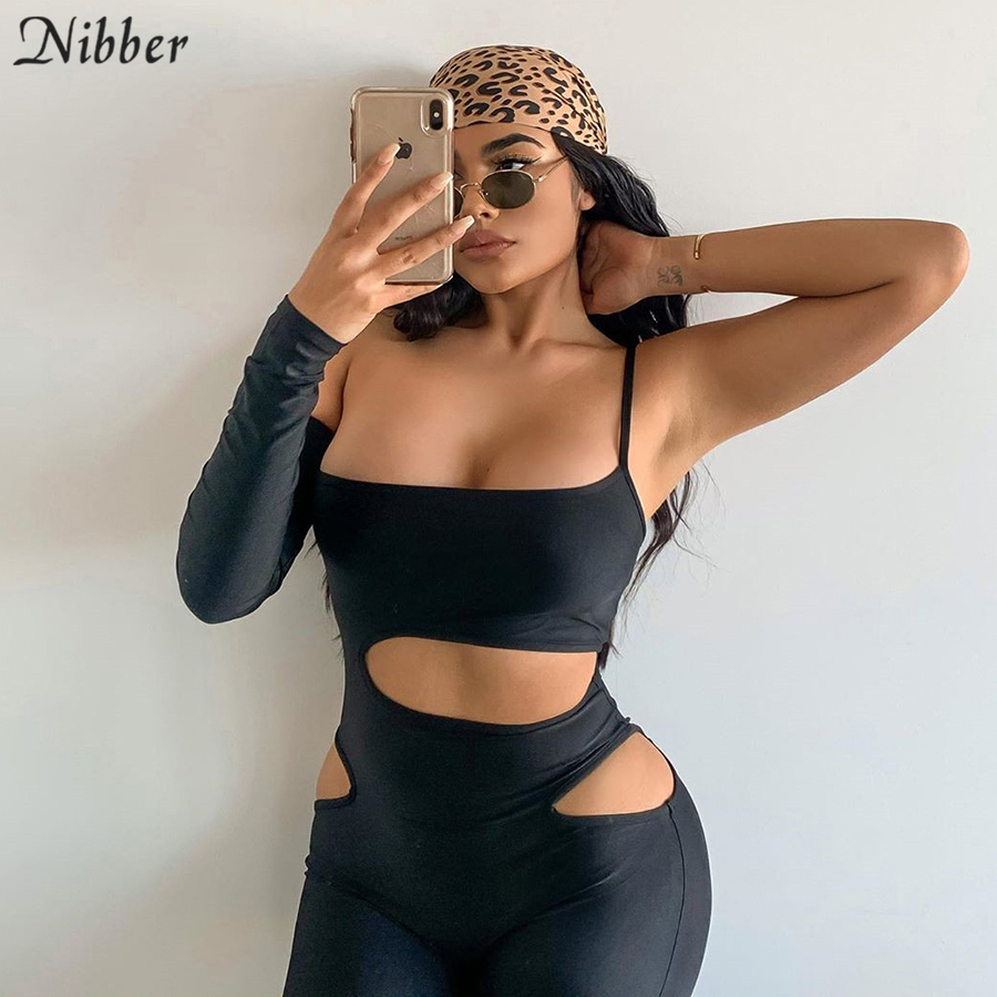 

Nibber sexy hollow out sling jumpsuits women Solid color basic club party black playsuits summer fashion stretch jumpsuit female