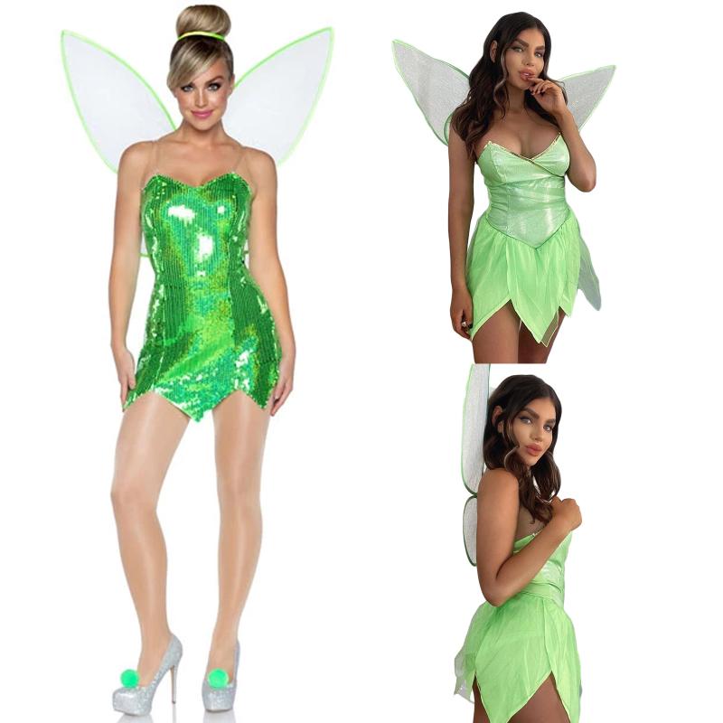 

Casual Dresses Women Halloween Forest Fairy Cosplay Costume Magical World Pixie Party Sexy Solid Color Sequin Sleeveless Mini Dress With Win, Green