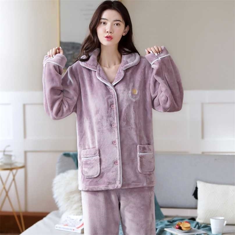

Womens Flannel Purple Pajamas Pyjamas Sets Long Sleeve Sleepwear Pijama Suit Female Sleep Two Piece Set Loungewear 211109, Pink stitch