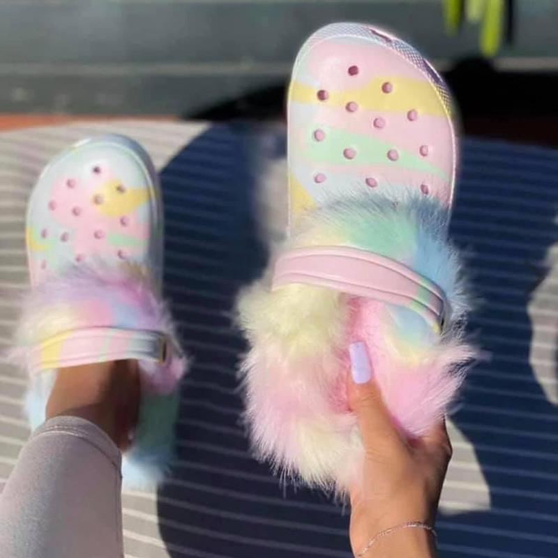 

Sandals Sexy Leopard Furry Women Hole Garden Shoes With Fur Sock 2021 Winter Warm Female Slip On, Black