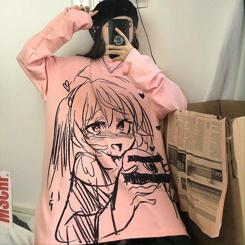 

Women' T-Shirt Anime Girl Image Print Women Tops Tshirts Korean Style T-shirts Summer Sweet Fashion T Shirts Preppy Couple Clothes O-neck, Pink