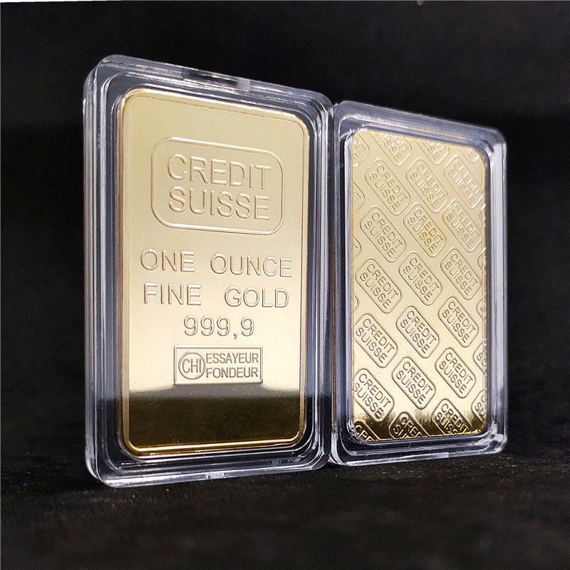 

Non Magnetic CREDIT SUISSE ingot 1oz Gold Plated Bullion Bar Swiss souvenir coin gift 50 x 28 mm with different serial laser number