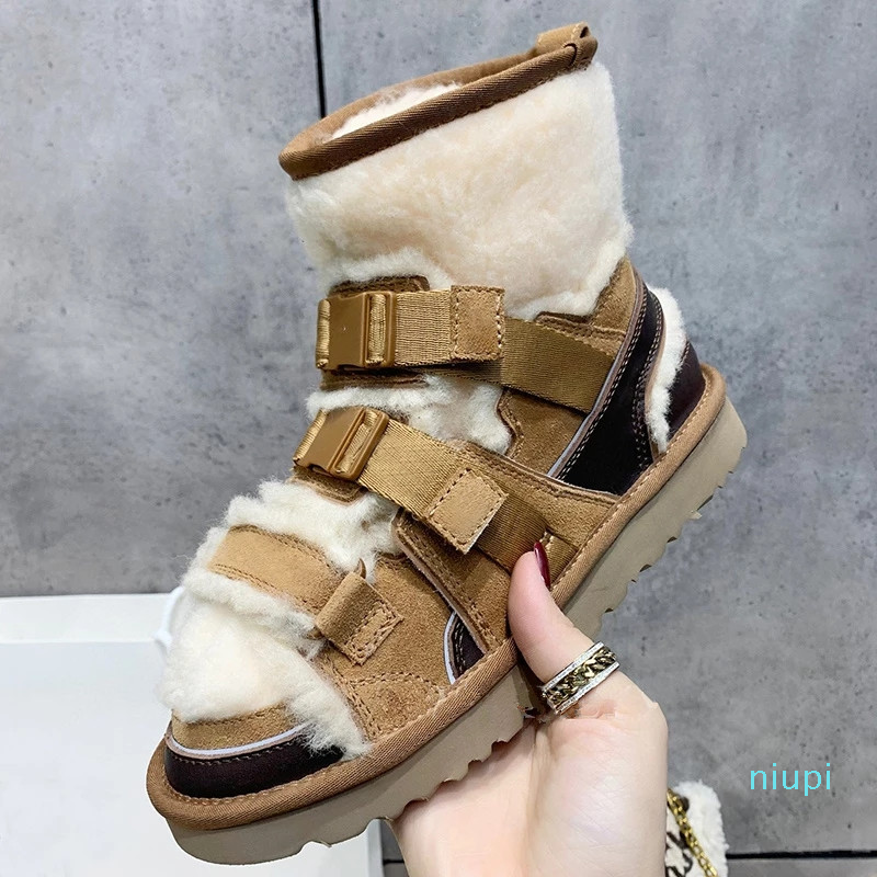 

women Flat heel wool ankle boots Women winter Thick Sole non slip and warm short boot Outdoor real leather sandals Shoes size:35-41 2021, Black