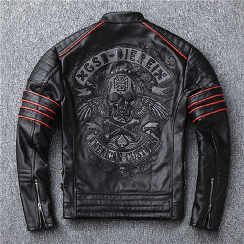 

Wholesale Motorcycle Rider Jacket Mens Leather Jacke Man' Genuine Cowhide Embroidery Skull Leather Jackets Slim Coat, Black02