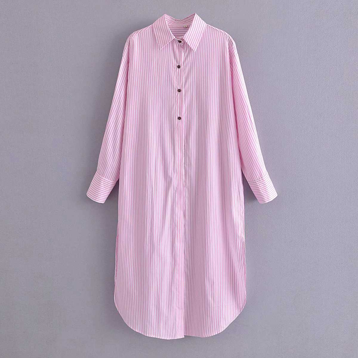 

Women Striped Shirt Dress Fashion Long Sleeves Side Vents Button-up Casual Sexy Midi Dresses Woman Robe 210709