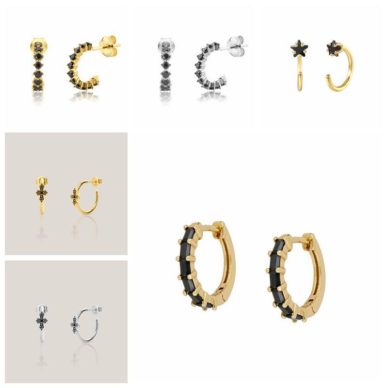 

Hoop & Huggie MC 925 Sterling Silver Enamel Black Crystal Small Earrings Women C Circle Colorful Zircons Retro Piercing