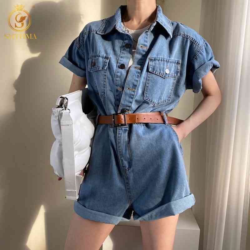 

Arrival Fashion Women Rompers Casual Summer Jumpsuit Denim Short Pants Turn-Down Collor Playsuits Overalls With Belt 210520, Photo color