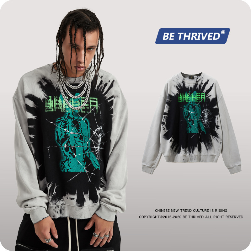 

be men's wear | fall and winter 2021 broken soul keeping print black hole tie dye coat dark high street round neck brand sweater