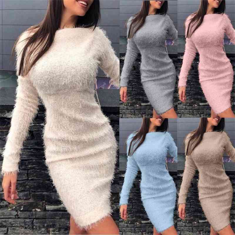 

2020 new autumn and winter Plush sexy waist long sleeve dress for women, White