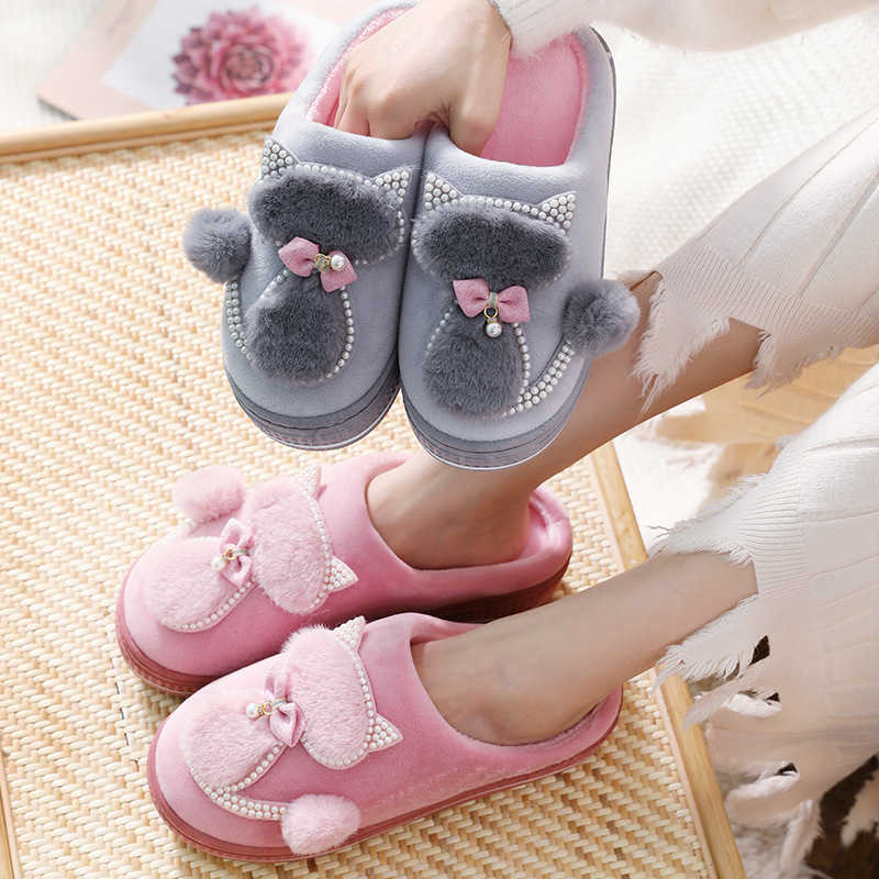 

Ladies Cotton Slippers 2021 Autumn Winter Warm Cute Cat Pearl Platform Female Shoes Fashion Thick Bottom Indoor Women's Shoes H0827, Pink