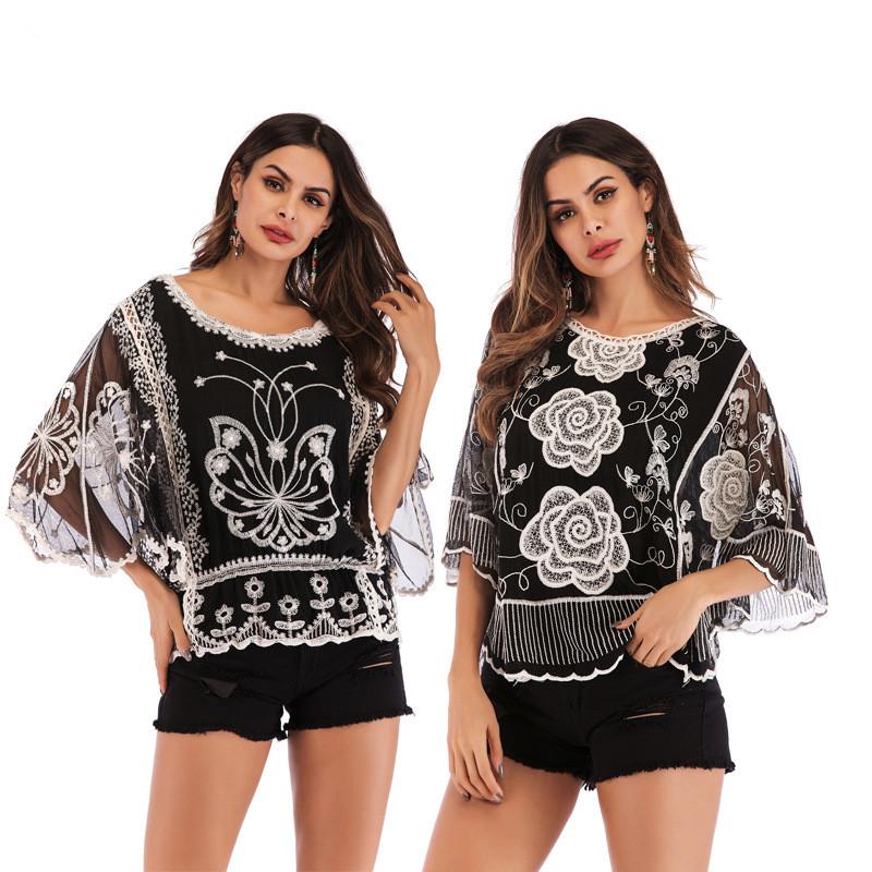 

Women's Blouses & Shirts Fashion Female Clothing Embroidery Blouse Shirt Cotton Black Rose Butterfly Flower Embroidered Tops Style Fresh