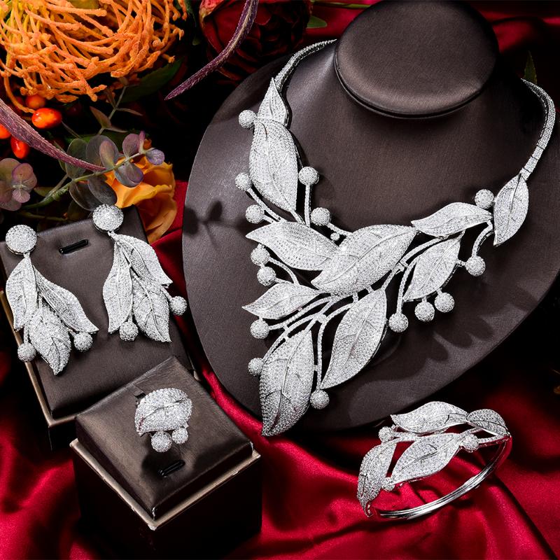 

Earrings & Necklace Missvikki Italian Luxury Jewelry Set Dubai Big 4 PCS Noble Bangle Ring Wedding Party, Silver