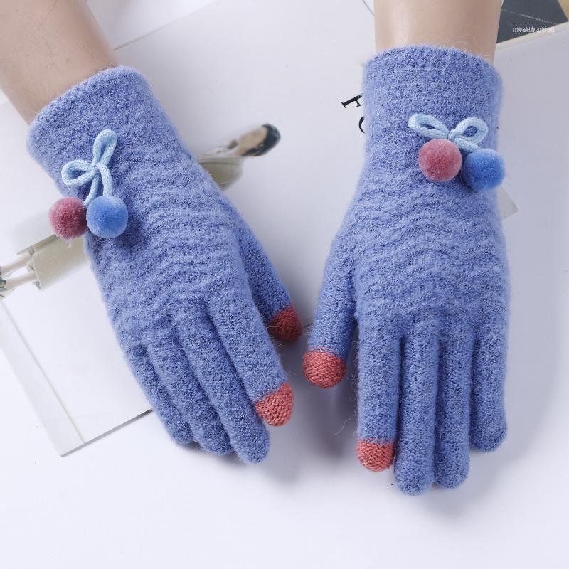 

Winter SKnitting Touch Screen Warm Women Ladies Gloves Cute Hairball Bow Tie Decoration FS04791