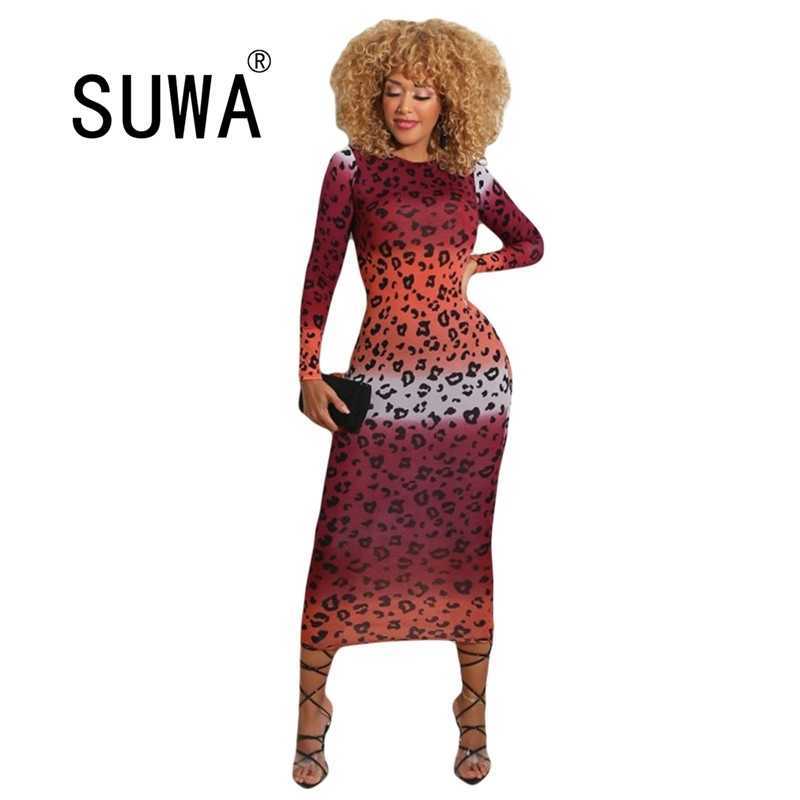 

Fashion O-Neck Colorful Leopard Long Sleeve Dress Bodycon Fitness Stretchy Sexy Female Street Clubwear Slim Outfit 210525, Multi