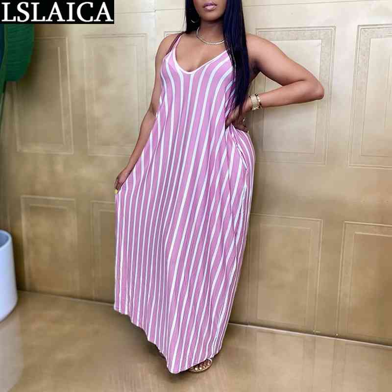 

Women Dresses Plus Size -4XL Sleeveless Striped Print Loose Suspender for Party Fashion Pink V Neck Robe Femme 210520, Purple