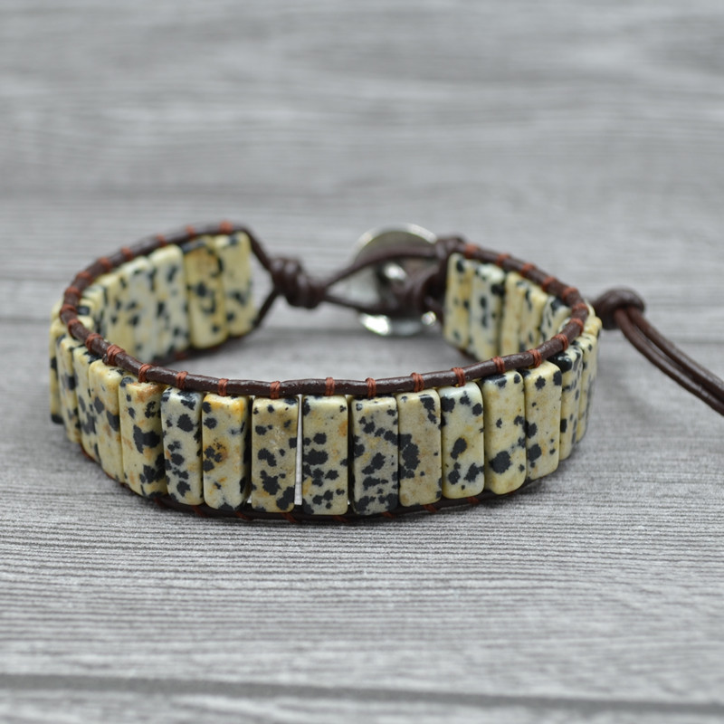 

Male and Female Natural Speckled Stone Beaded Strands Bracelets Fashion Single-layer Leather Rope Woven Accessories