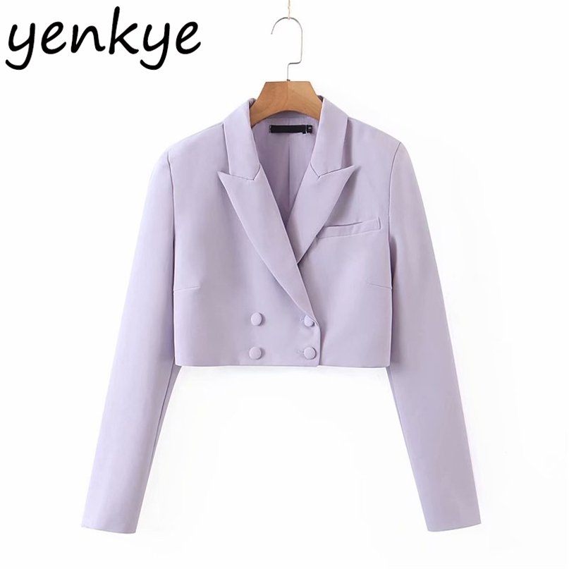 

Fall Women Cropped Blazer Vintage Solid Color Long Sleeve Notched Collar Double Breasted Elegant Office Jacket Fashion Suits 211019, Beige