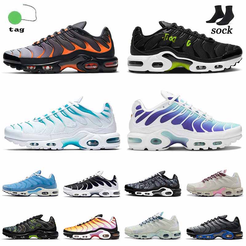

Wholesale 2022 Designer Plus Tn Mens Women Running Shoes Triple Black White Volt Grey Orange Bleached Aqua Tuned Se UNC Cushion Sneakers Sports With Socks, B39 volt glow 40-46