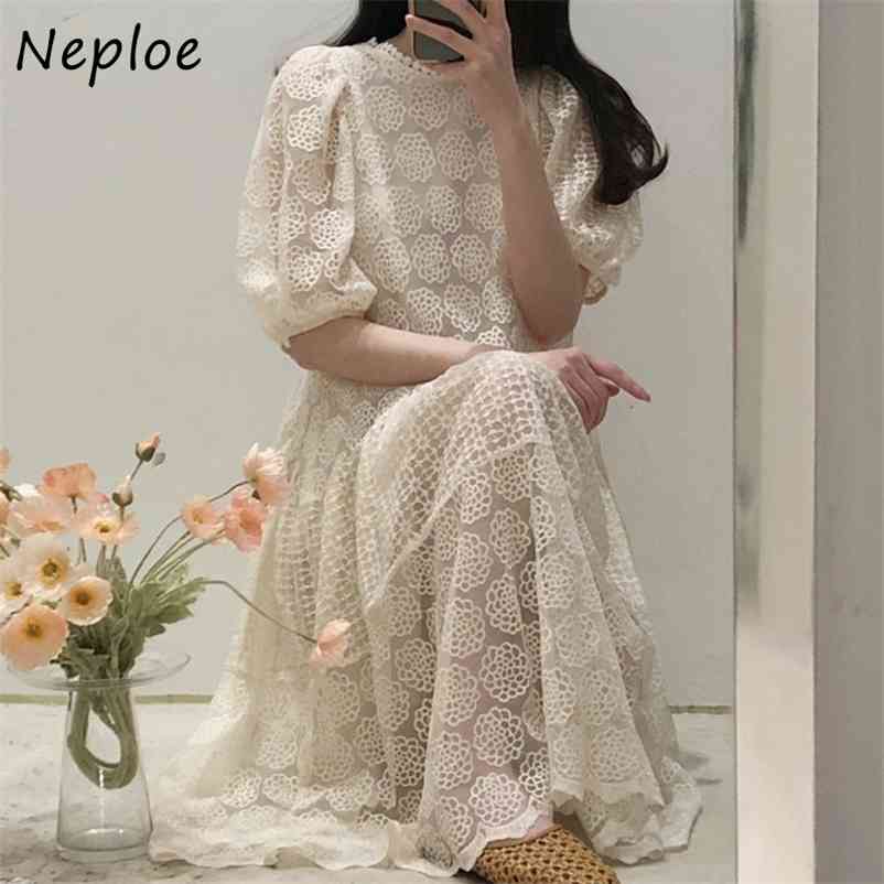 Elegant Heavy Work Lace Hook Flower Dress Women High Waist Hip A Line Long Vestidos Summer White Robe Loose 210422Z
