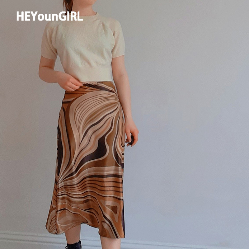 

HEYounGIRL Casual Printed Y2K Midi Skirt Women Brown A Line High Waist Elegant Skirts Ladies Summer Vintage Fashion Streetwear, Dark brown