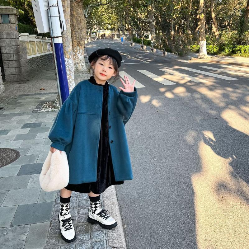 

Coat 2021 Winter Girl Korean Version Lantern Sleeve Thick Wool In Big Kids Long Fashion Windbreaker, Blue;gray