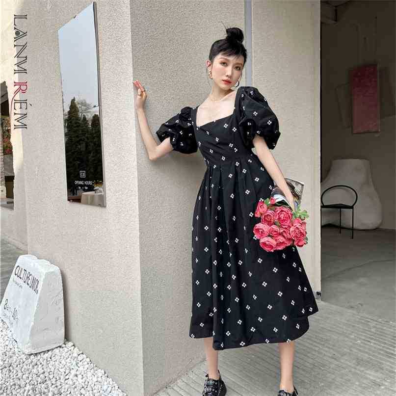 

Women's Flower Embroidery Long Dress Square Collar Lantern Sleeves Loose Fit Fashion Trend Spring Autumn 2E1238 210526, White