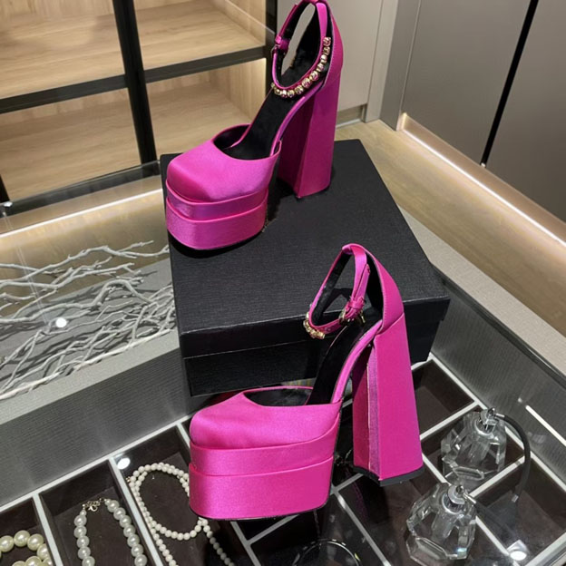 

Ladies banquet dress shoes round head shoes 7cm Satin fashion diamond accessories real leather high heels wedding sho es black Fuchsia, Purple