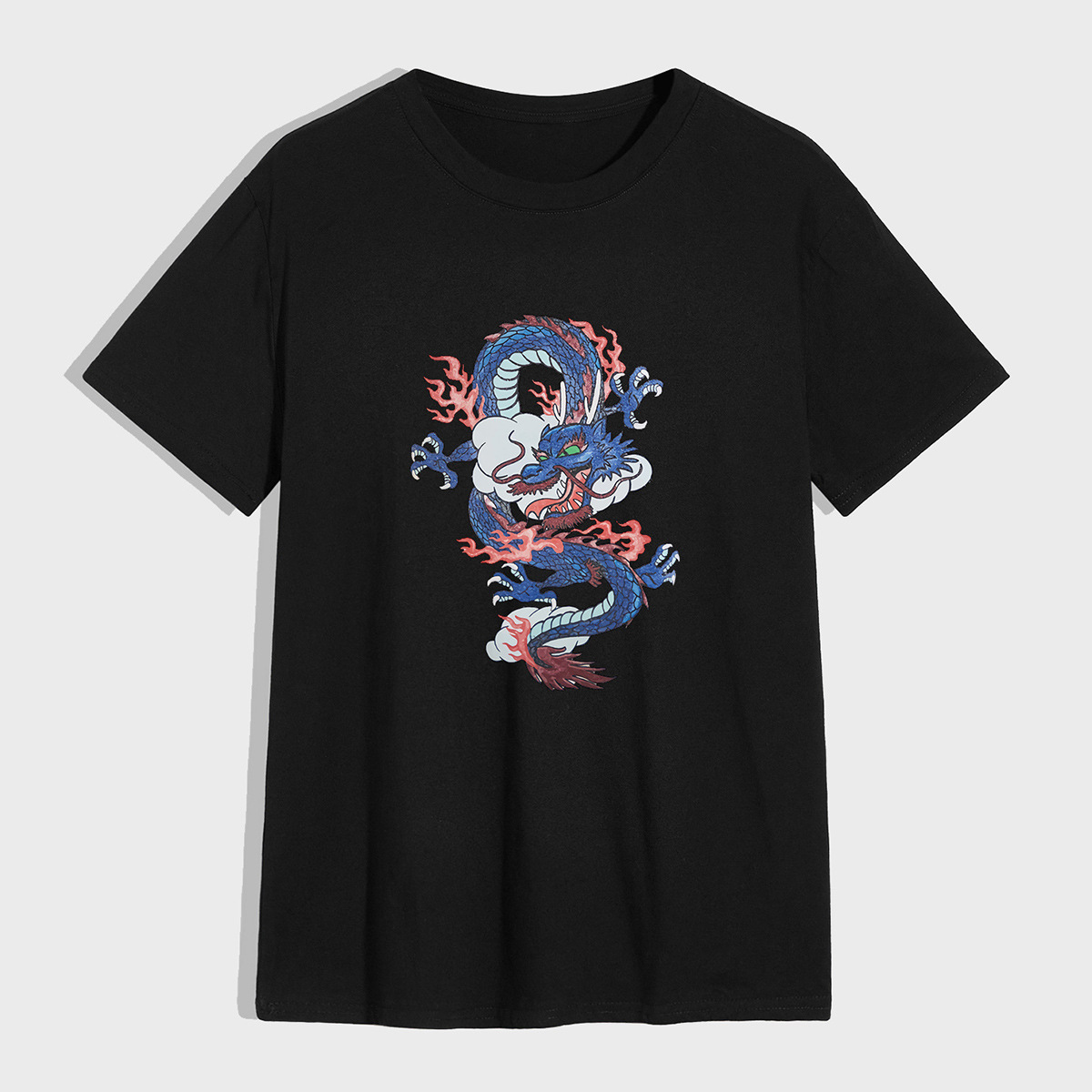 

Youth fashion round neck T-shirt outdoor sports dragon print summer short-sleeved casual loose-fitting men's Asian size, Gray