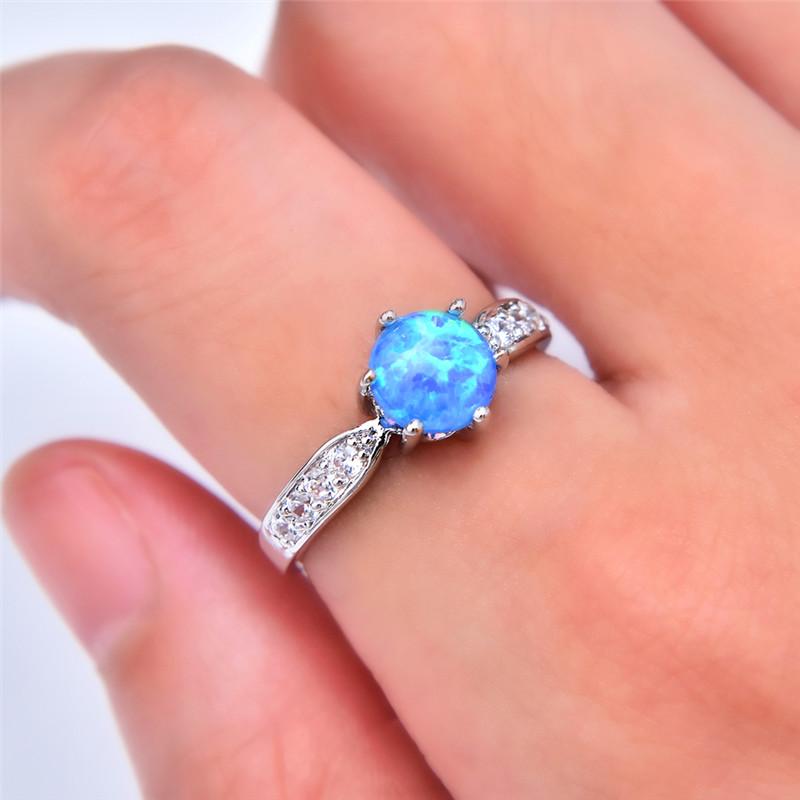 

Wedding Rings Classic Female Blue White Opal Stone Ring Cute Crystal Silver Color For Women Bridal Round Engagement