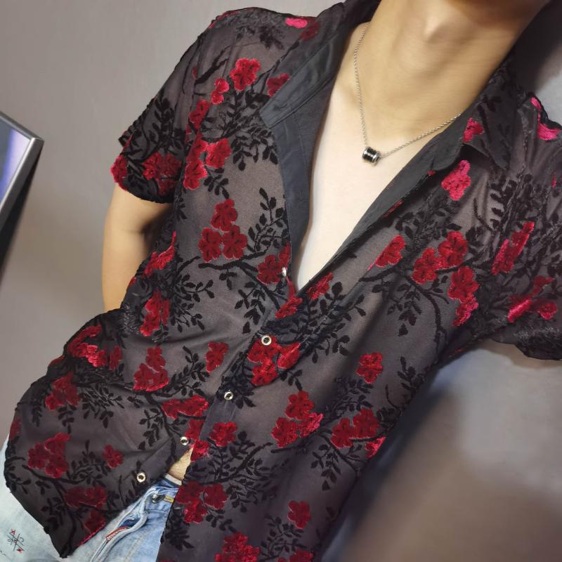 

Men's Casual Shirts Embroidery Shirt Trendy Transparent Blue Floral Men Sexy Velvet Short Sleeve Clothing See Through Social Club