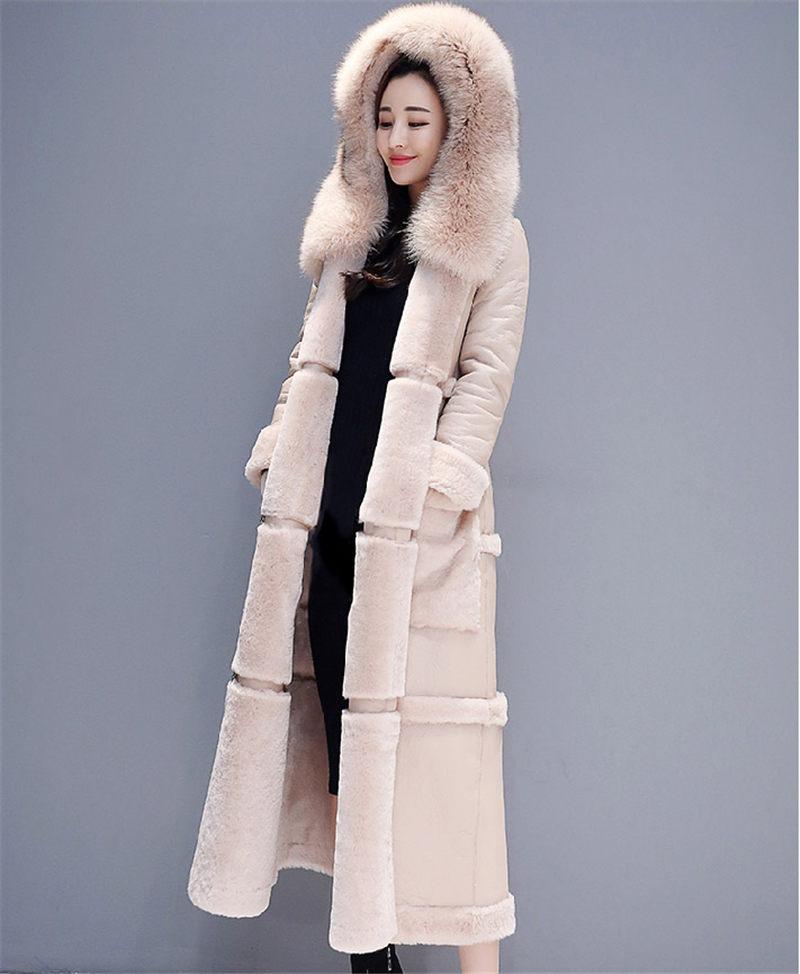 

Women's Fur & Faux Cotton Clothing Female 2021 Fashion Winter Parka Korean Double-Faced Lamb Coat Maxi Long Thick Leather Jacket F2089, Black