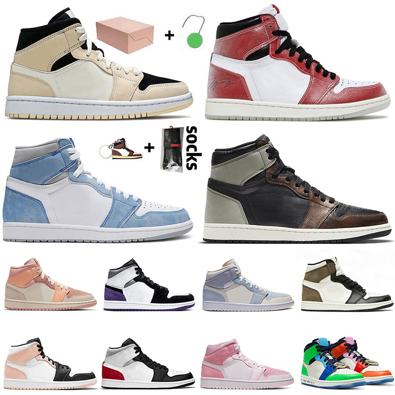

2021 With Box Jumpman 1 1s Top Quality Mens Women Basketball Shoes Digital Pink High OG Hyper Royal Obsidian Twist Dark Mocha Fearless Chicago Sport Sneakers Trainers, C8 mid 36-46