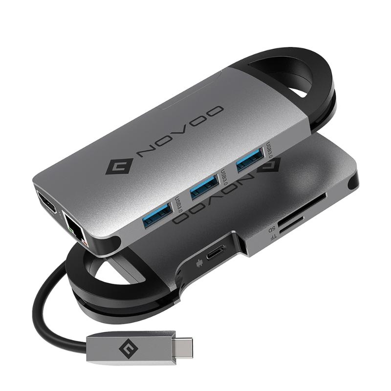 

Hubs NOVOO USB C Hub 8 In 1 USB-C Dock With Hidden Cable, Ethernet 4K Multiport Adapter 100W Dongle 3 3.0 SD/TF Card Reader