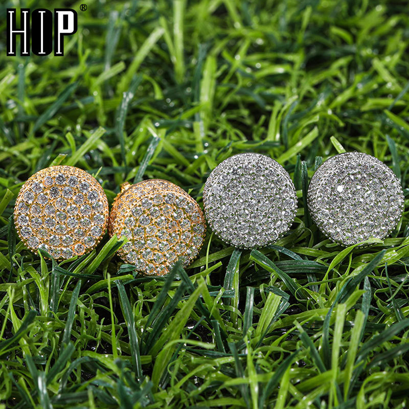 

Hip HOP 1Pair Micro Full Paved Rhinestone Round Zircon CZ Stone Bling Iced Out Stud Earring Copper Earrings For Men Jewelry