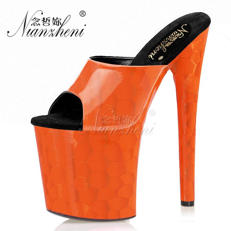 

Super High Heeled Shoes Nightclub Pole Dancing Show 8 Inches Patent Leather Sexy Fetish Party Thick Platform Women Slippers, Black