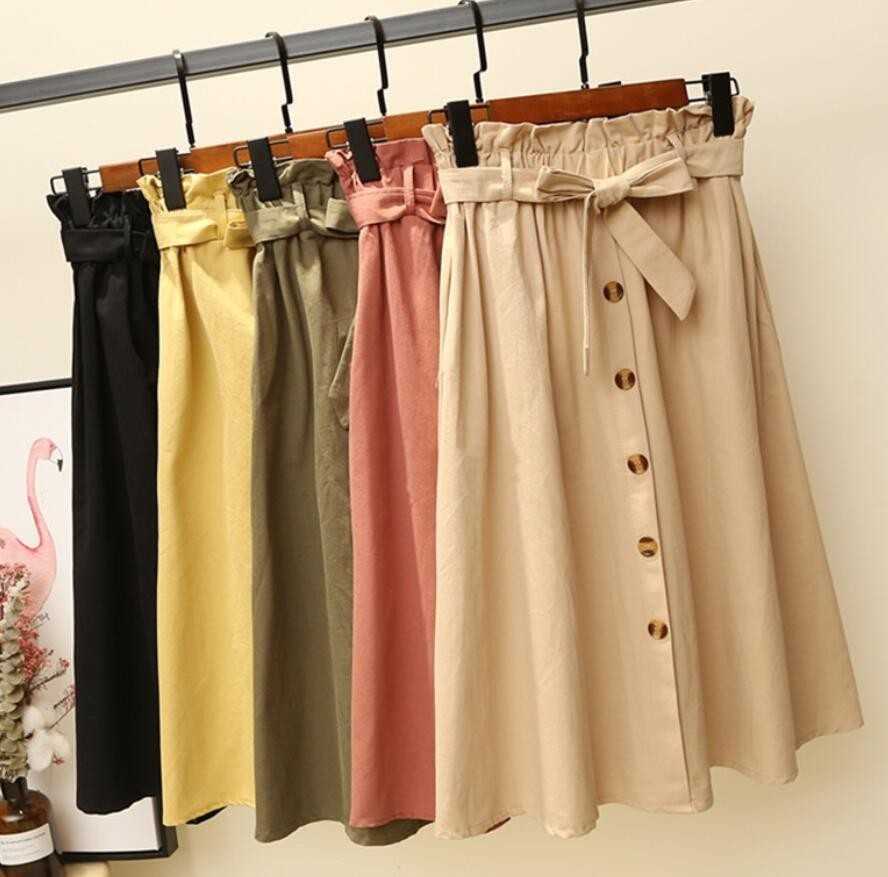 

Row Belted Women Long Skirts With Buttons Retro Vintage High Waist Midi Skirt Jupe Longue Femme 210604, Khaki