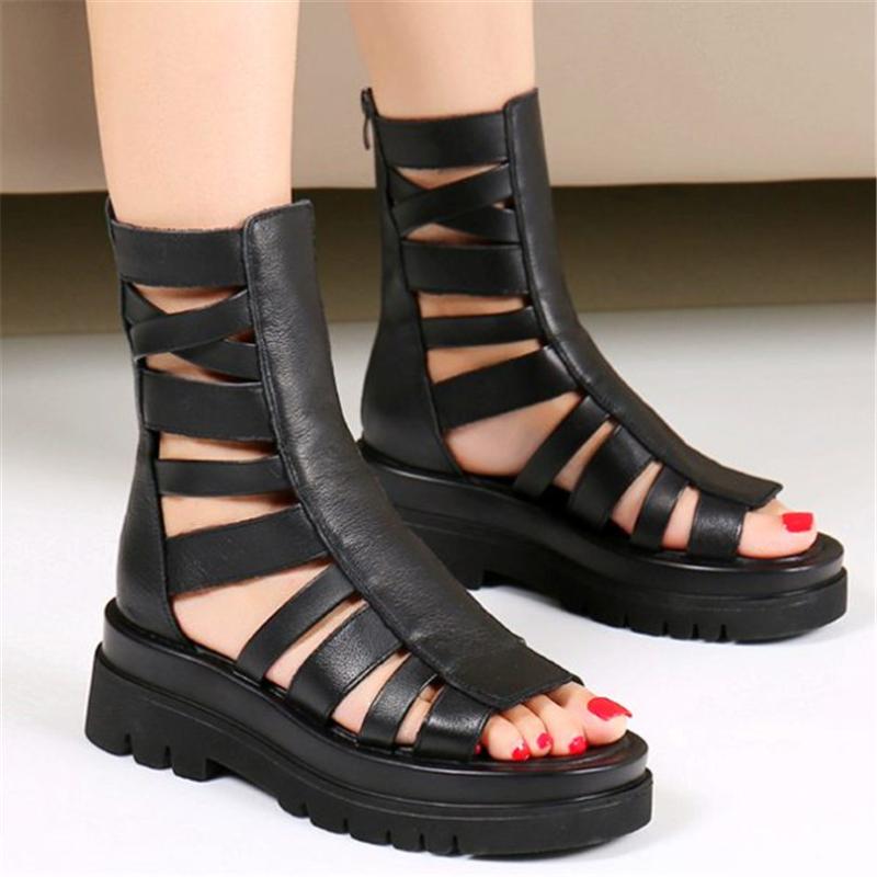 

Punk Goth Women's Genuine Leather Strappy Gladiator Sandals Flat Platform Summer Ankle Boots Oxfords Party SHoes 39 35 36 37 38 Dress, Black 2