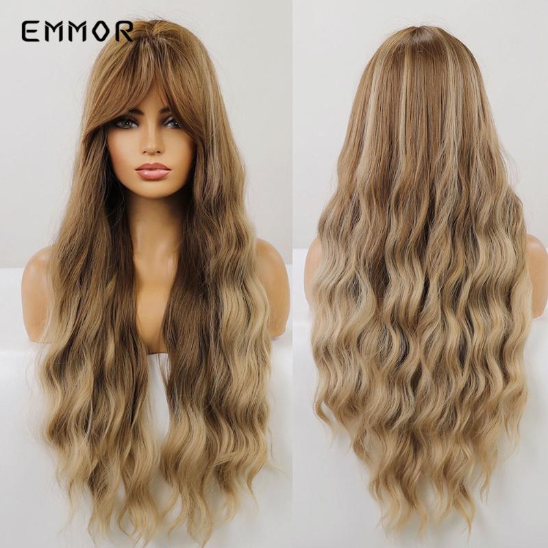 

Synthetic Wigs Emmor Long Body Brown With Blonde Wave Hair Wig Women's Heat Resistant Wavy Bangs Natural, Em205-4