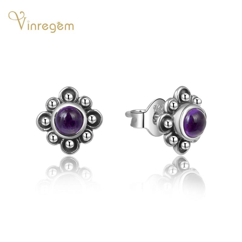 

Stud Vinregem Vintage 100% 925 Sterling Silver Round Cut Amethyst Gemstone Wedding Engagement Luxury Ear Studs Earrings Fine Jewelry, Golden;silver