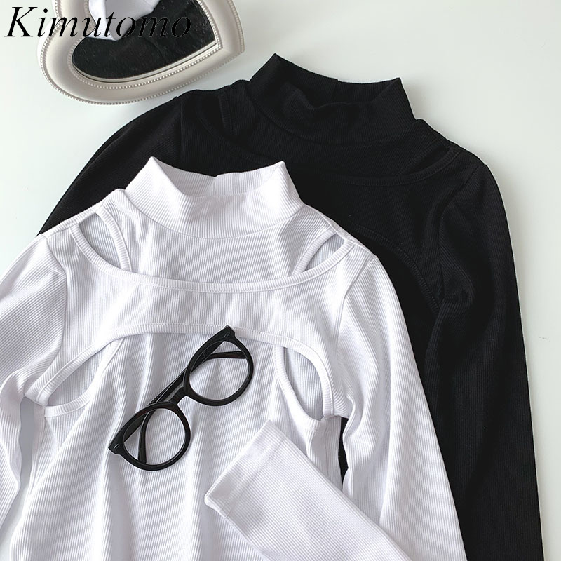 

Kimutomo Long Sleeve Hollowed Out T-shirt Women Spring Korean Clothing Female Half Turtleneck Solid Short Tops Casual 210521, Black
