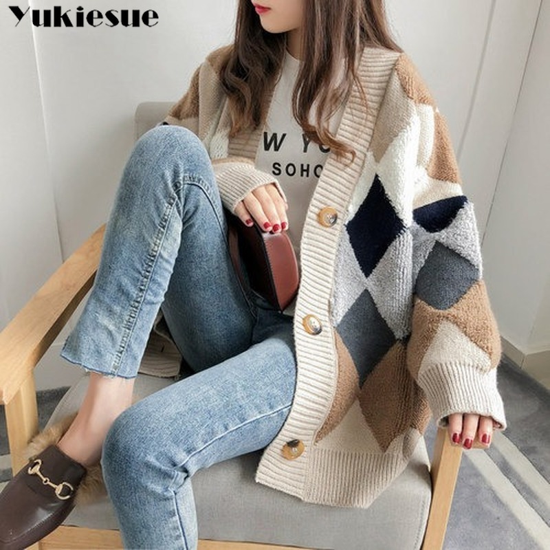

Women's Sweaters Autumn Winter thick Casual Plaid V-Neck long sleeve Cardigans Button Puff Sleeve Loose Sweater 210518, Navy
