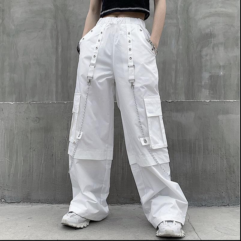 

high waist chain ring ribbon womens capris baggy cargo pocket white loose jogger pant harajuku streetwear korean women goth hip, Black;white